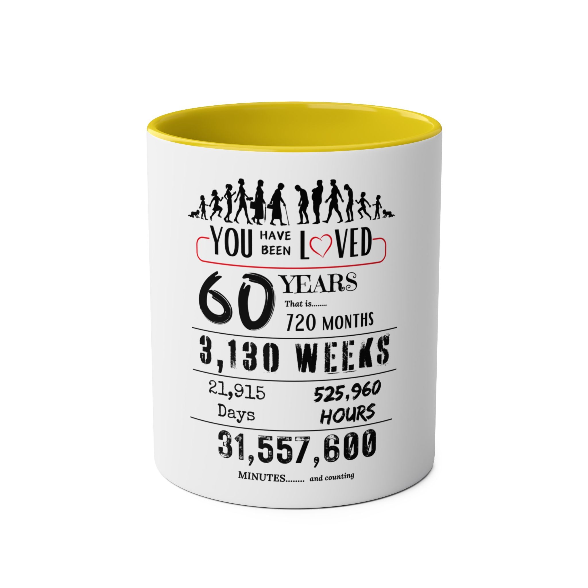 Happy 60th Birthday Gift, Mugs, 2 tone, Boys, Girls, Men, Women, Funny, Age, Facts, Years, Months, Weeks, Days, Hours, Minutes