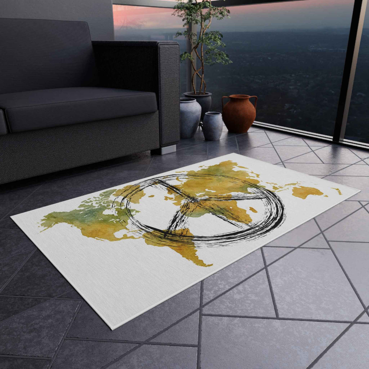 Peace World Map Outdoor Rug — Watercolor Earth & Peace Symbol Doormat