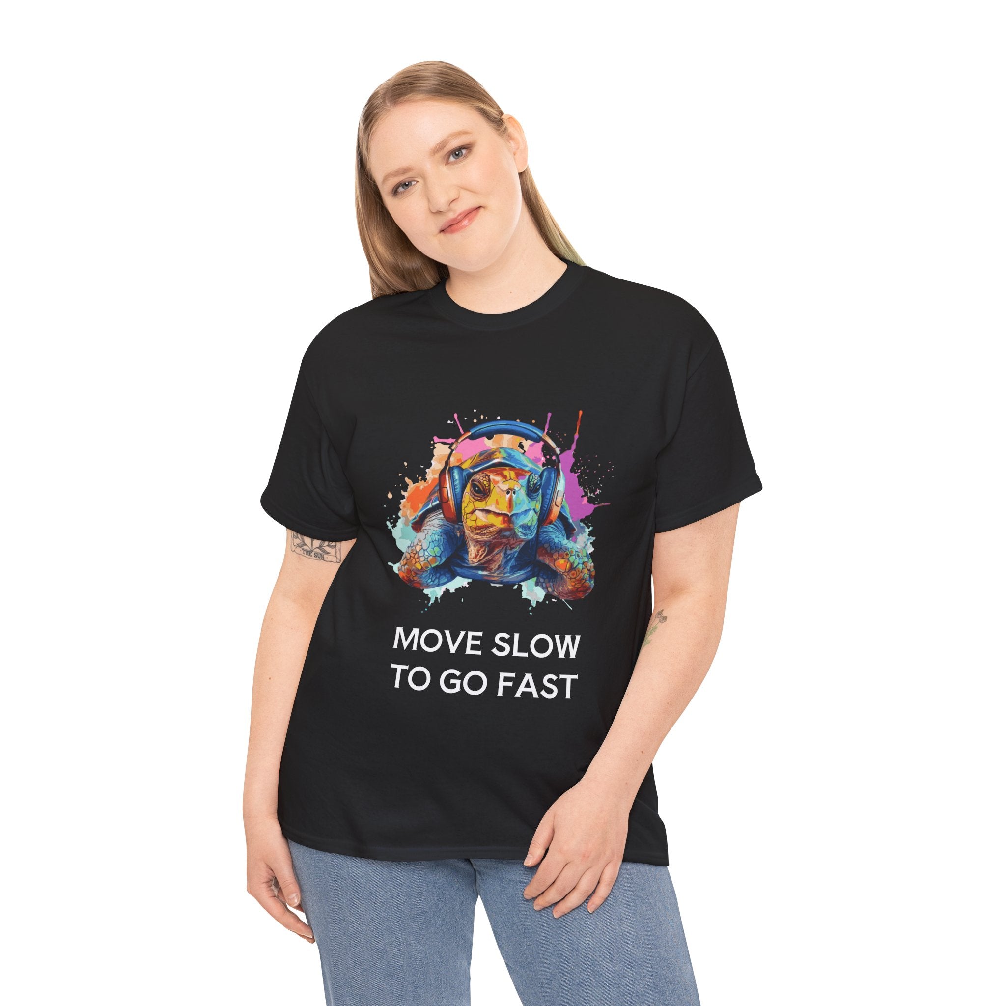 T-Shirt Colorful Turtle with Headphones | 'Sometimes it's best to go Slow to go Fast'