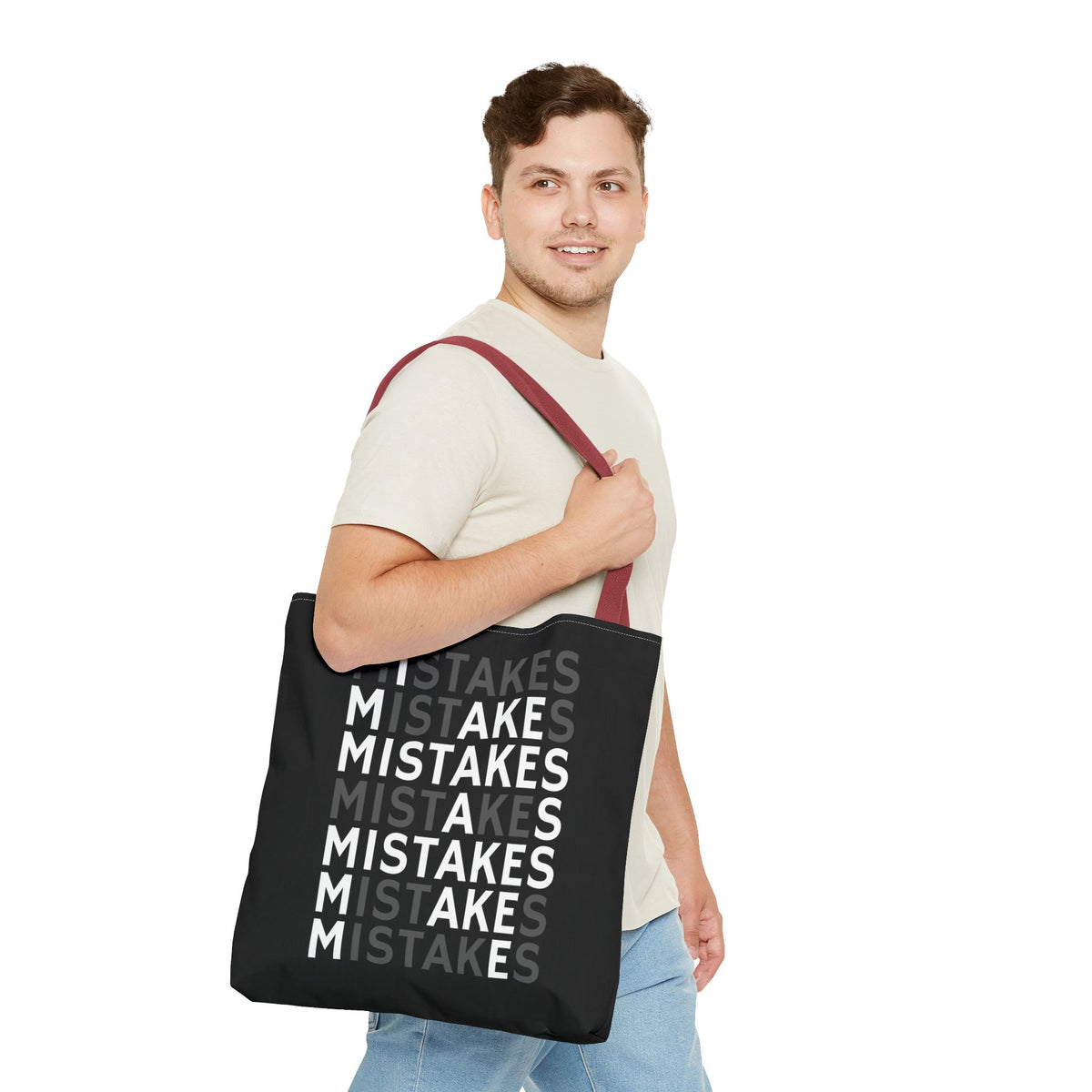 Mistakes Repeat Pattern Tote Bag — Black Typography Shopper