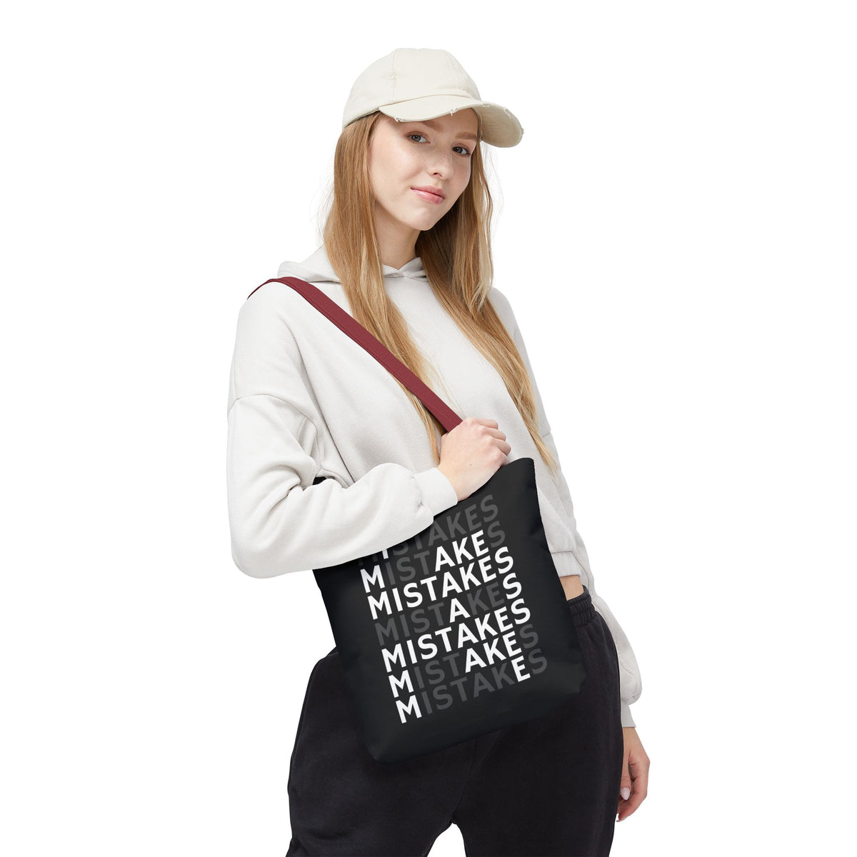Mistakes Repeat Pattern Tote Bag — Black Typography Shopper
