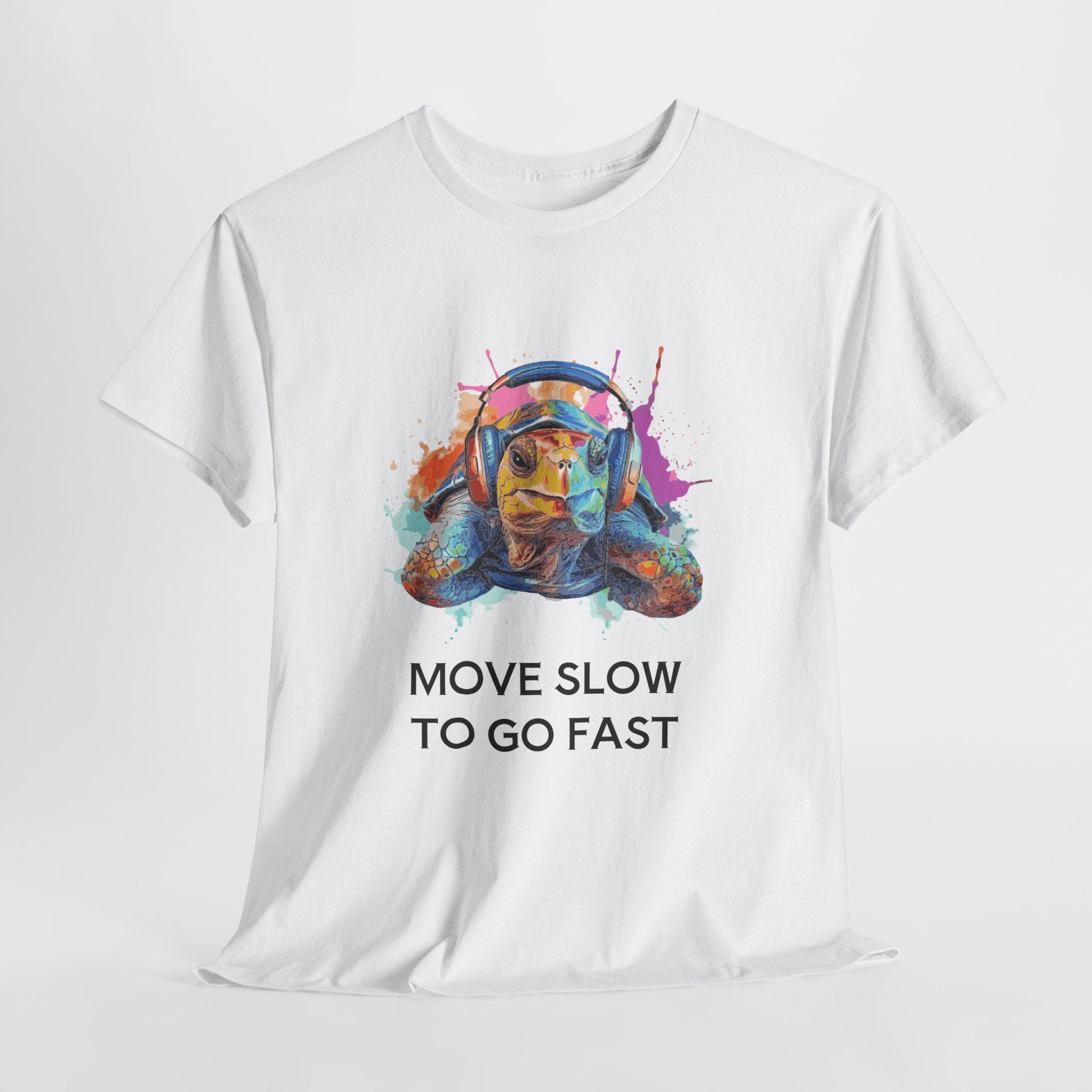 T-Shirt Colorful Turtle with Headphones | 'Sometimes it's best to go Slow to go Fast'