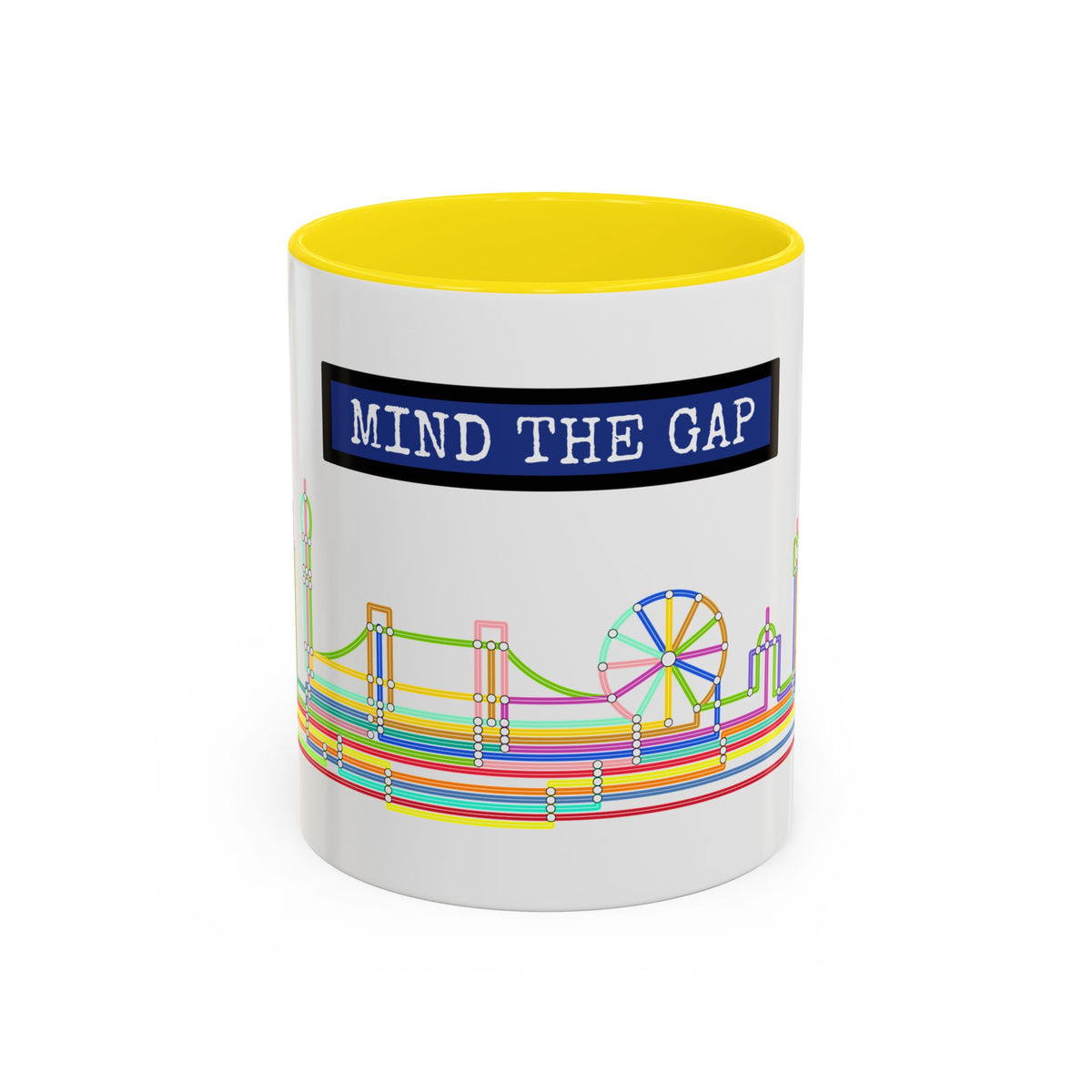 Mind the Gap Coffee Mug — Colorful City Skyline Accent Mug (11/15oz)