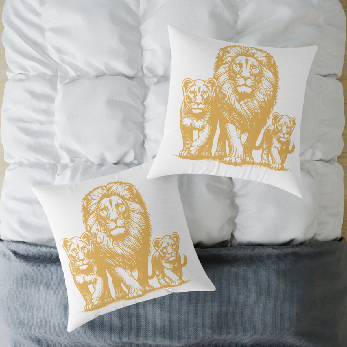 Lion Family Decorative Pillow – Golden Lion & Cubs Square Throw Pillow