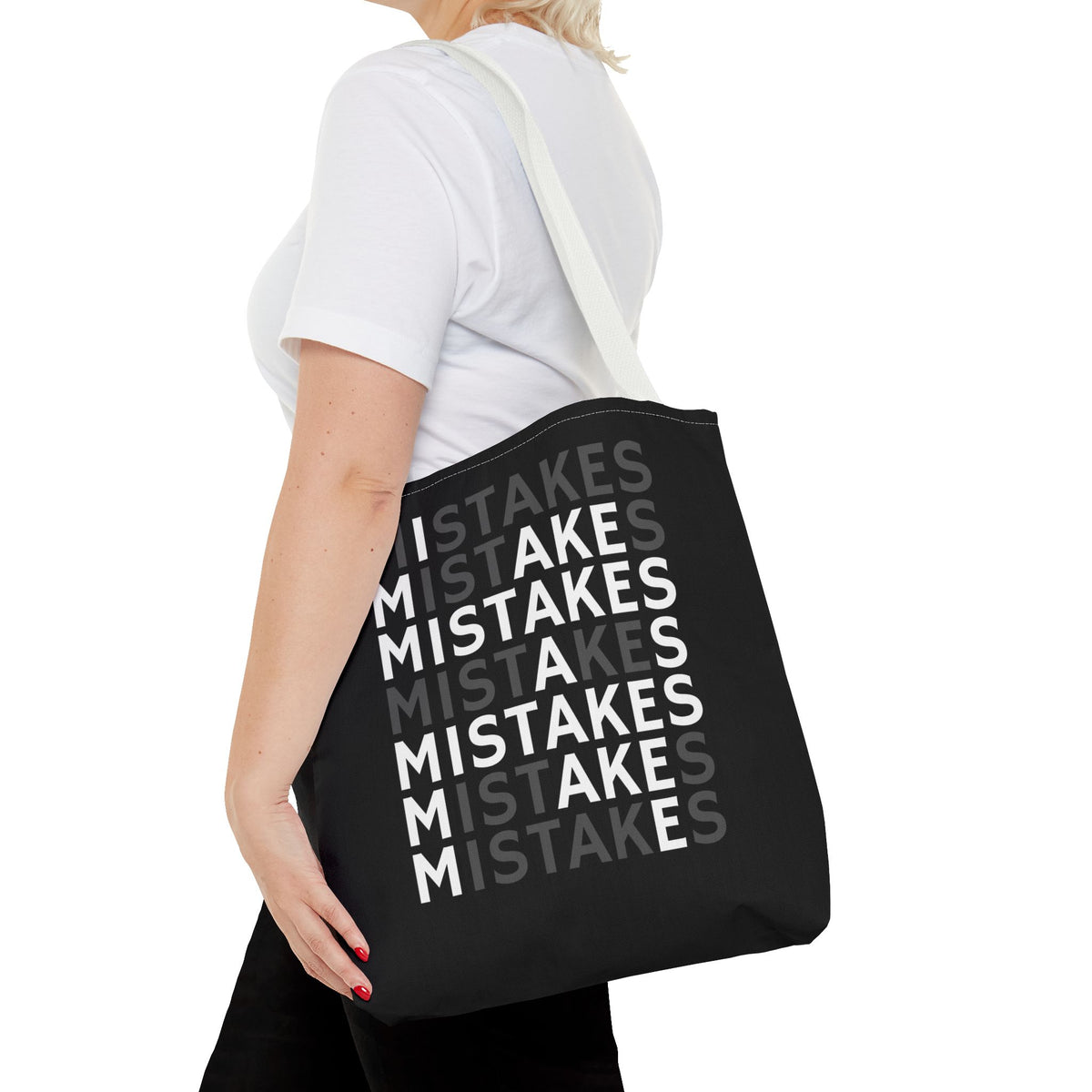 Mistakes Repeat Pattern Tote Bag — Black Typography Shopper