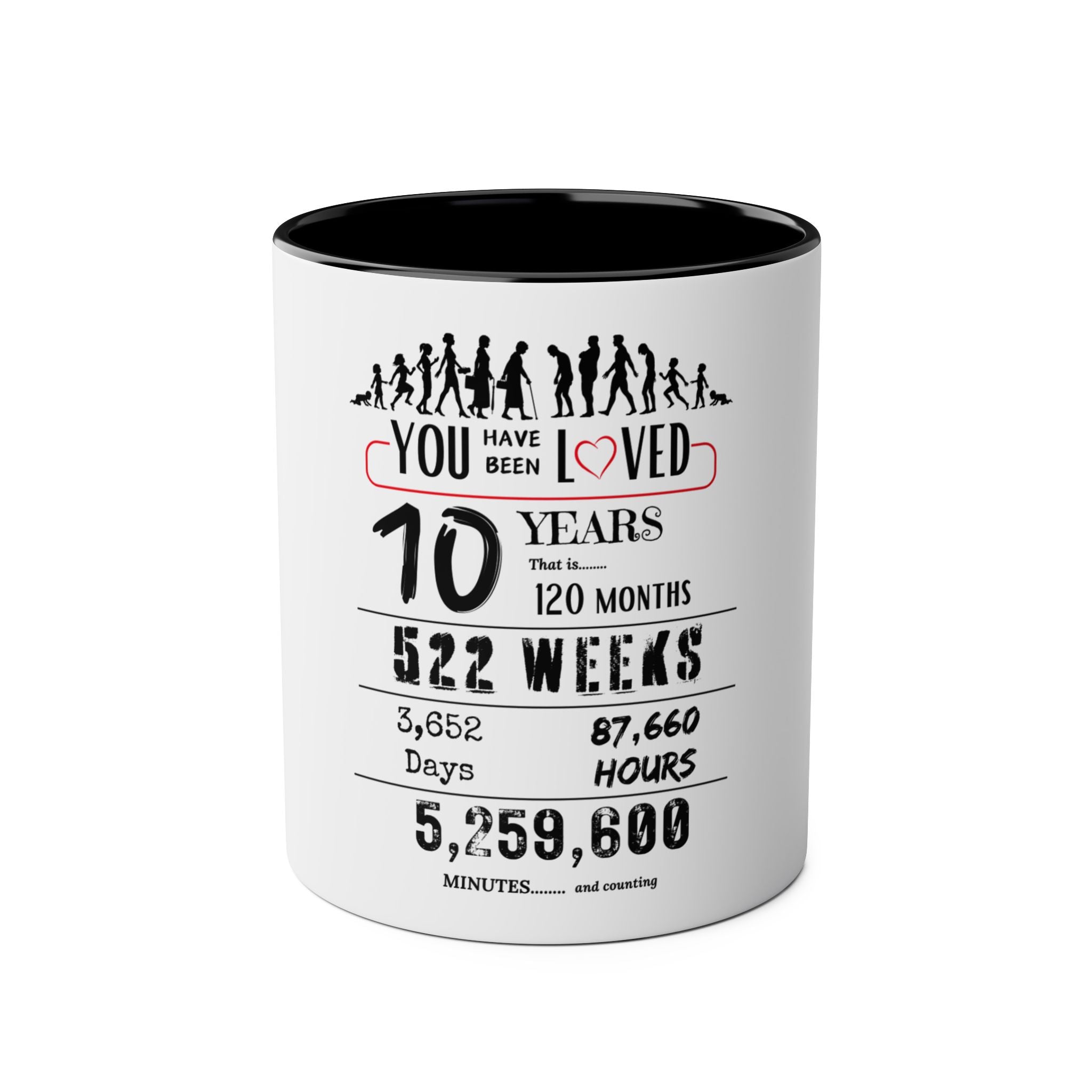 Happy 10th Birthday Gift, Mugs, 2 tone, Boys, Girls, Men, Women, Funny, Age, Facts, Years, Months, Weeks, Days, Hours, Minutes