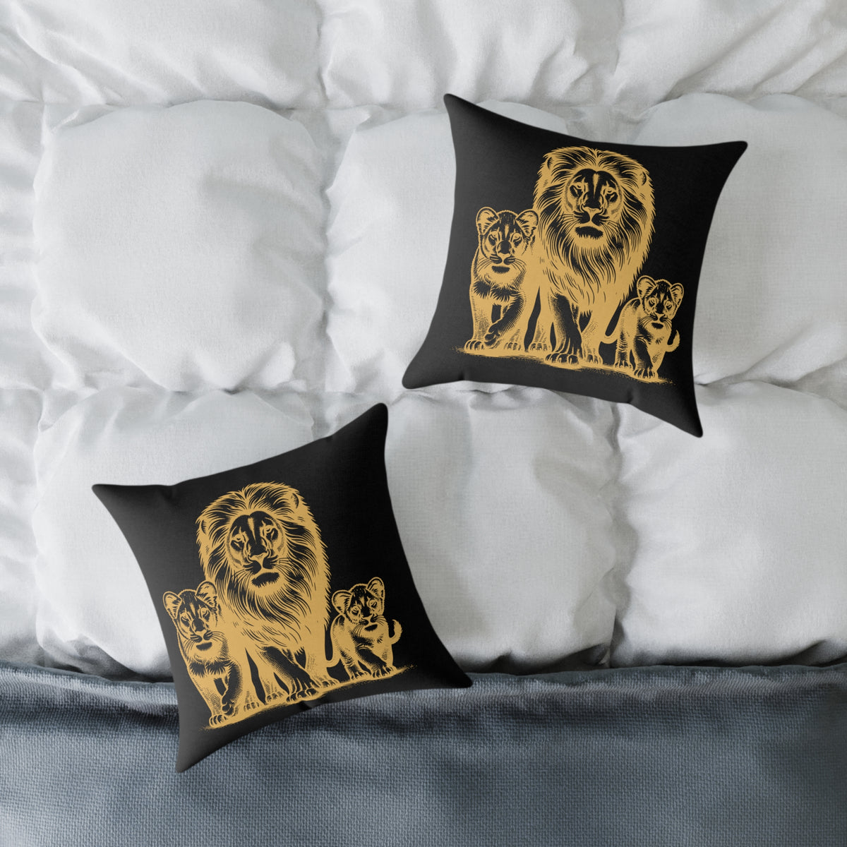 Lion Family Throw Pillow — Gold Safari Lion Cub Decorative Cushion