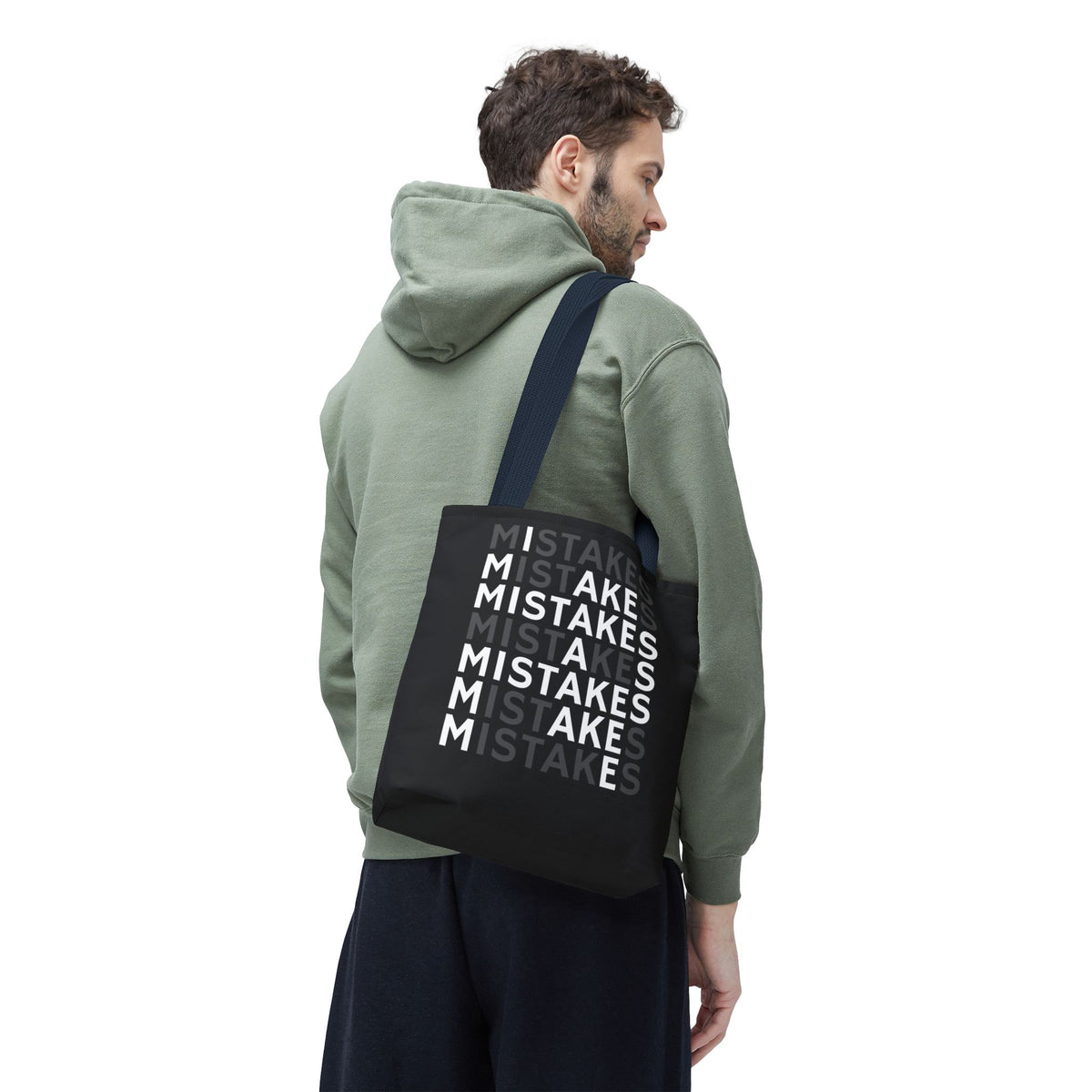 Mistakes Repeat Pattern Tote Bag — Black Typography Shopper