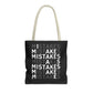 Mistakes Repeat Pattern Tote Bag — Black Typography Shopper