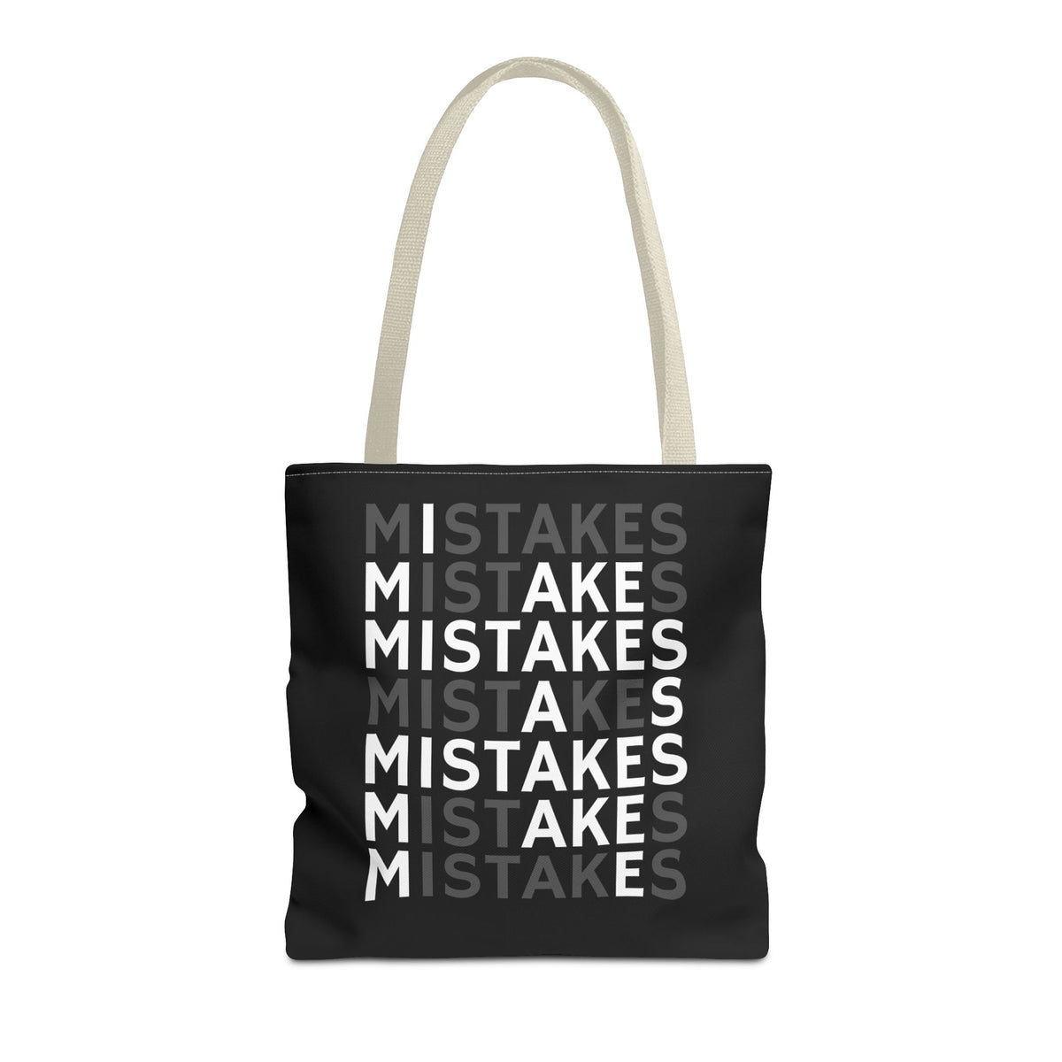 Mistakes Repeat Pattern Tote Bag — Black Typography Shopper