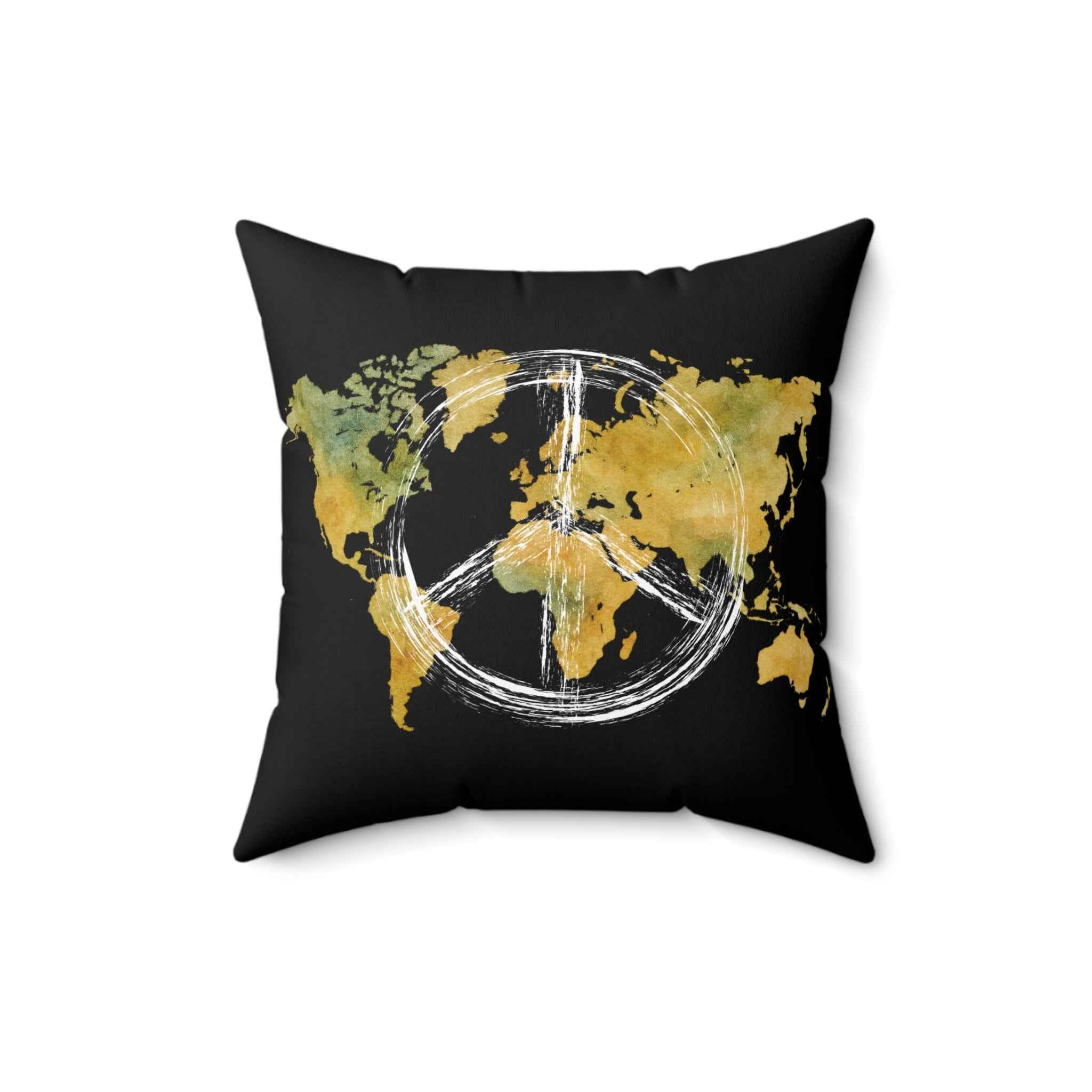Peace Sign World Map Throw Pillow Earth Toned Decorative Cushion