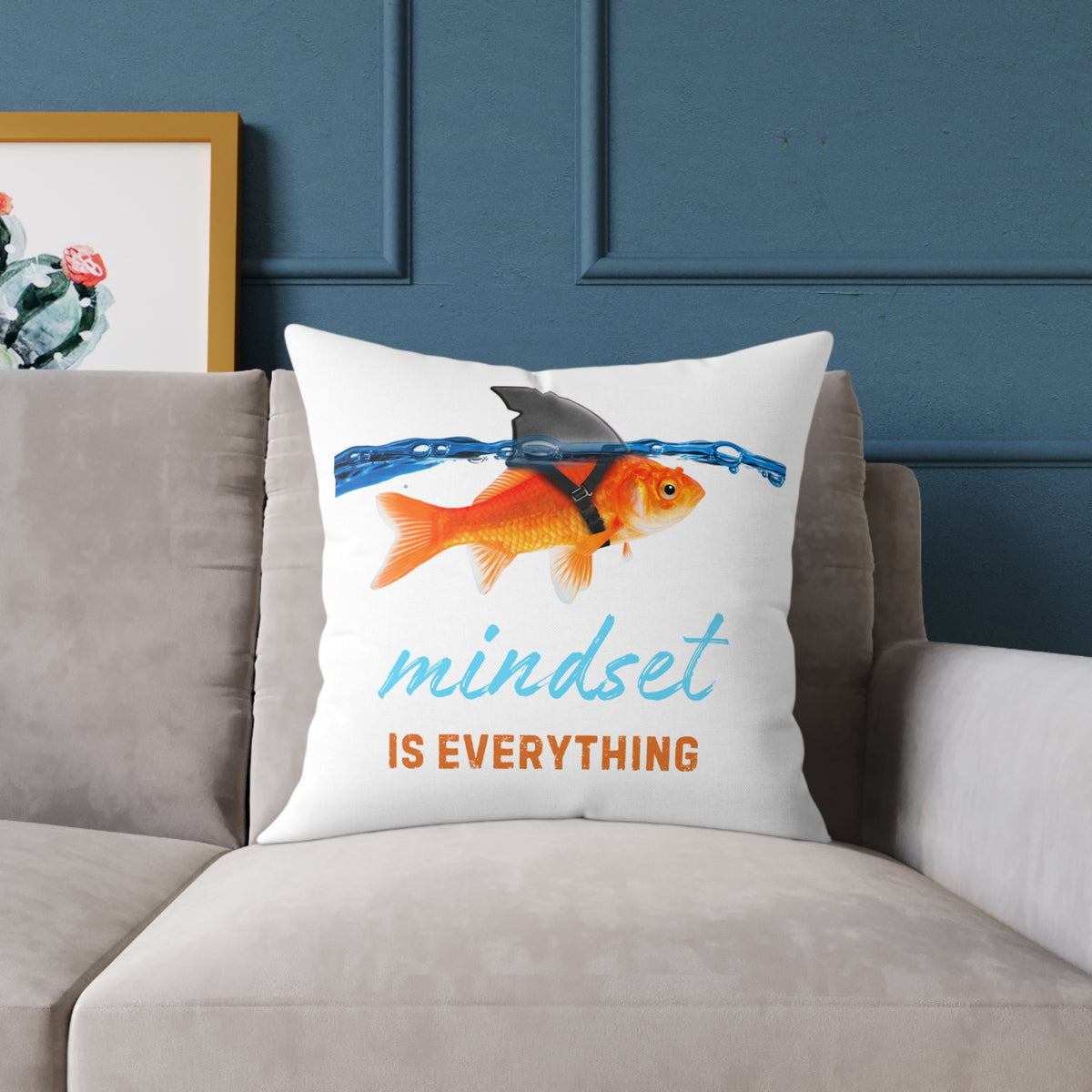 Mindset Is Everything Square Throw Pillow – Goldfish with Shark Fin Motivational Accent Pillow