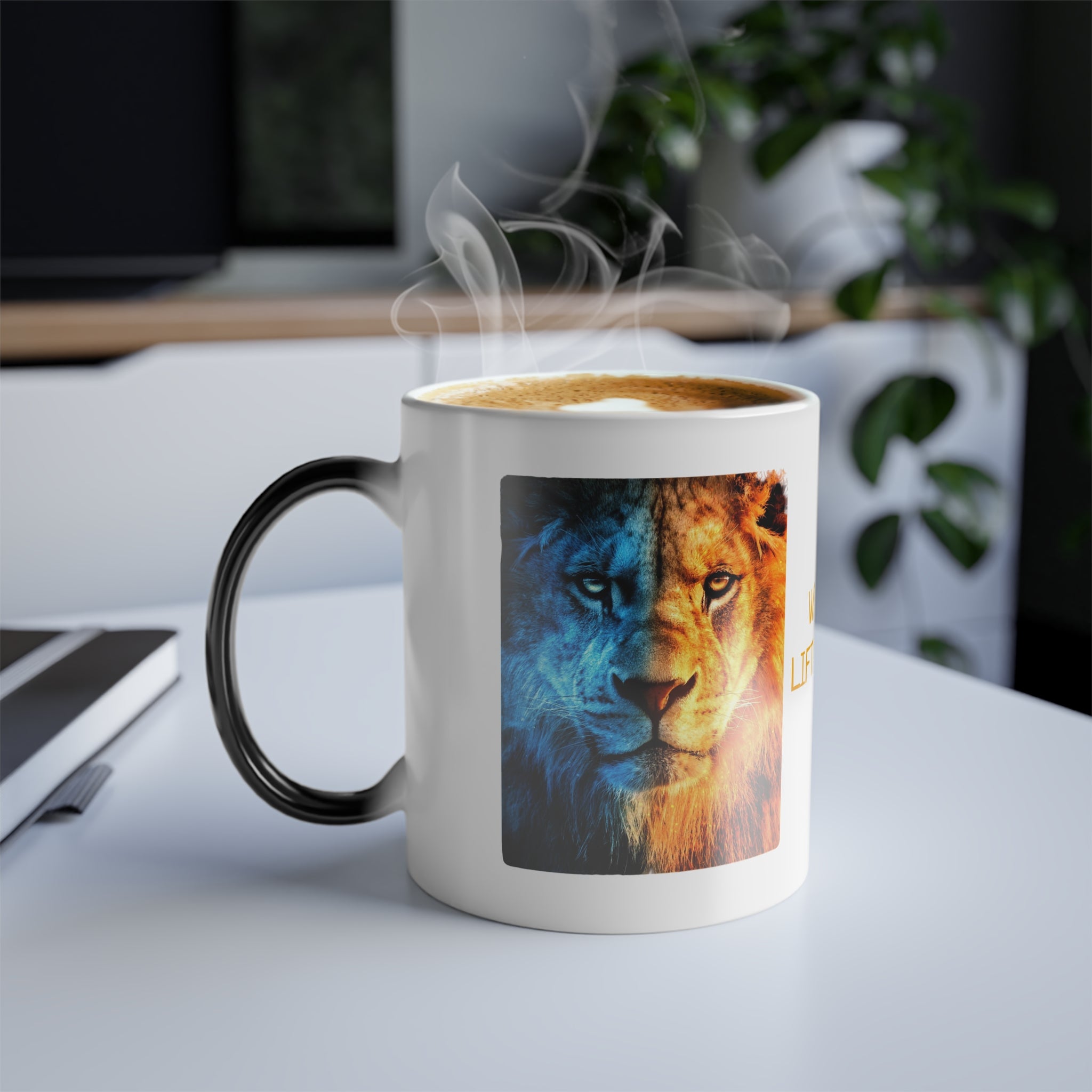 Color-Changing Mug "We Rise By Lifting Others" Inspirational Lion Design, 11 oz