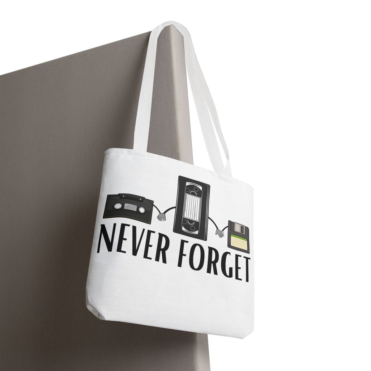 Retro Media 'Never Forget' Tote Bag — Vintage Cassette, VHS & Floppy Design