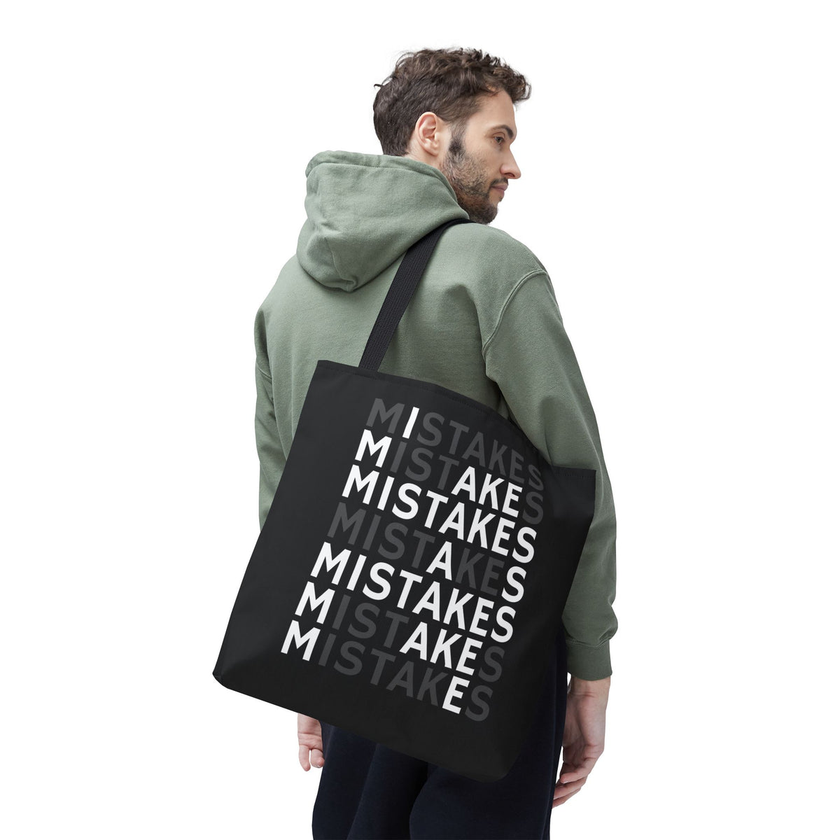 Mistakes Repeat Pattern Tote Bag — Black Typography Shopper