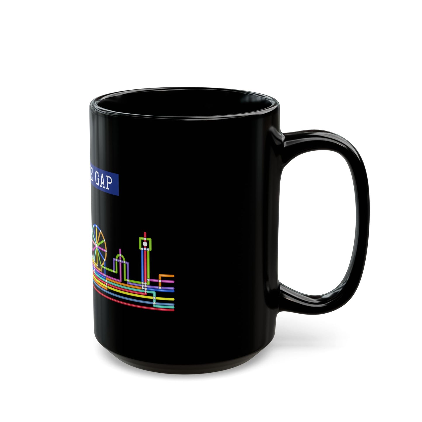 Mind The Gap Black Mug Neon City Skyline Coffee Cup (11oz & 15oz)