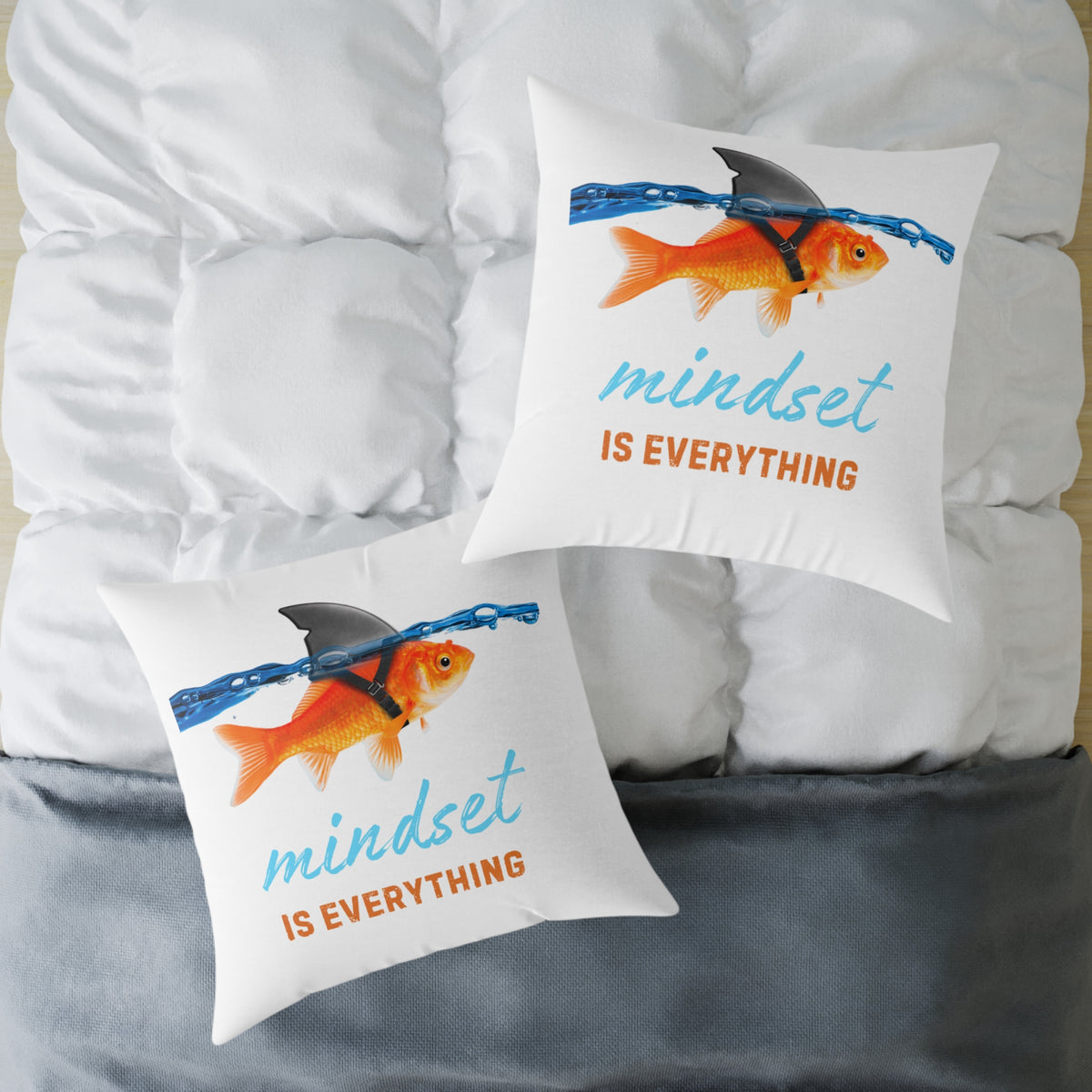 Mindset Is Everything Square Throw Pillow – Goldfish with Shark Fin Motivational Accent Pillow