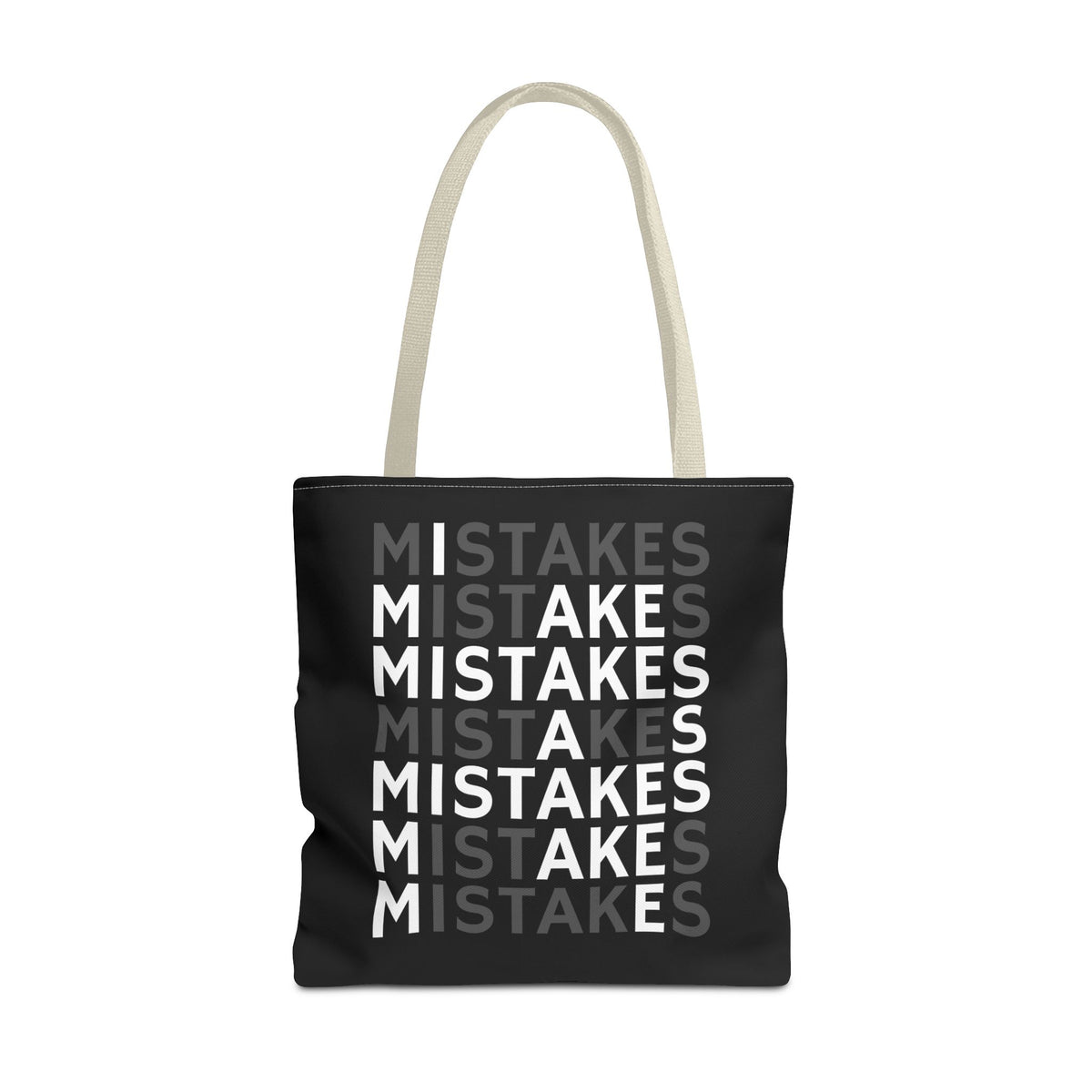 Mistakes Repeat Pattern Tote Bag — Black Typography Shopper