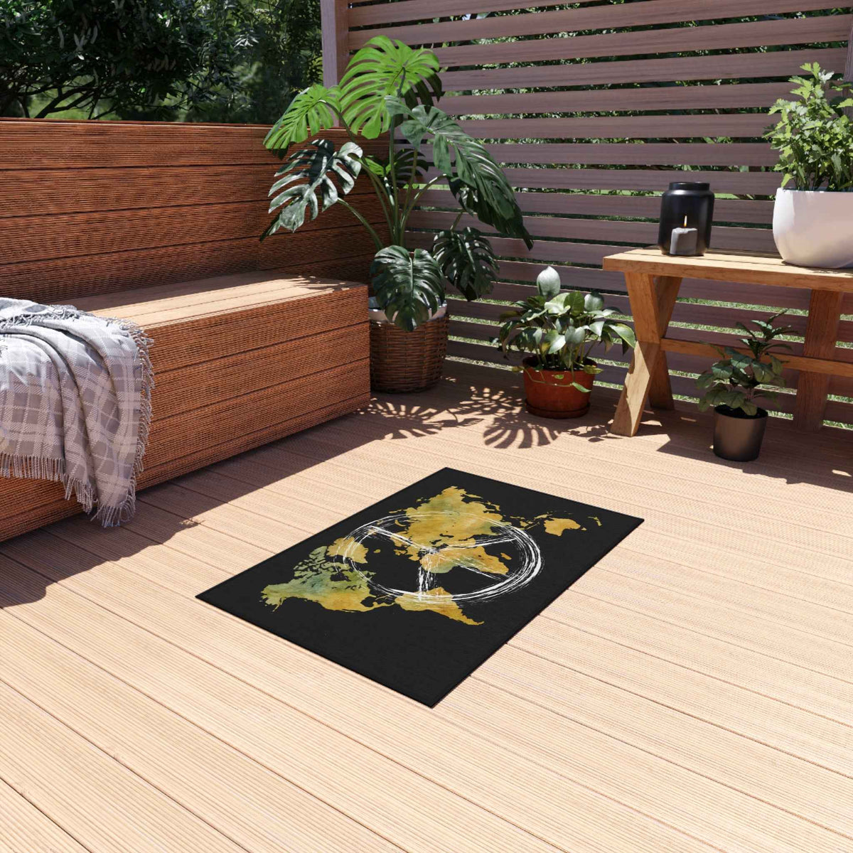 Peace World Map Outdoor Rug — Watercolor Earth & Peace Symbol Doormat