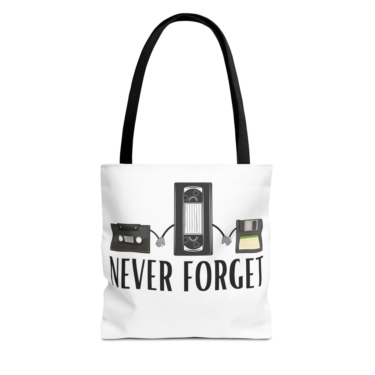 Retro Media 'Never Forget' Tote Bag — Vintage Cassette, VHS & Floppy Design