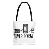 Retro Media 'Never Forget' Tote Bag — Vintage Cassette, VHS & Floppy Design