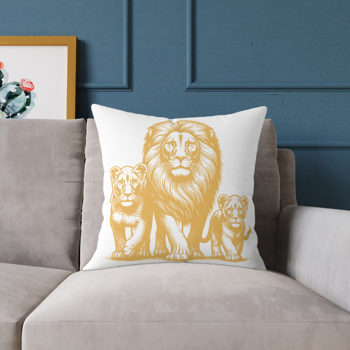Lion Family Decorative Pillow – Golden Lion & Cubs Square Throw Pillow
