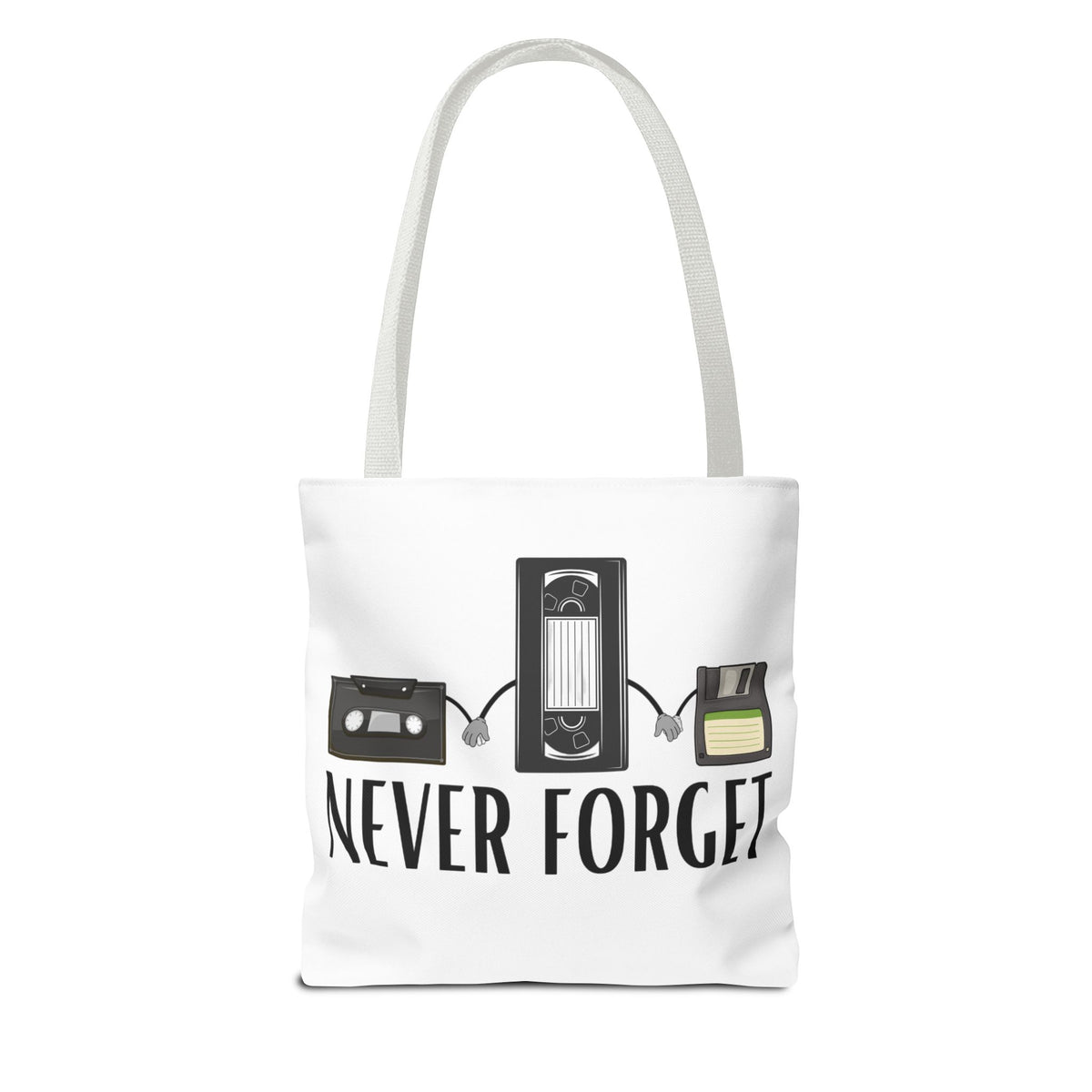 Retro Media 'Never Forget' Tote Bag — Vintage Cassette, VHS & Floppy Design