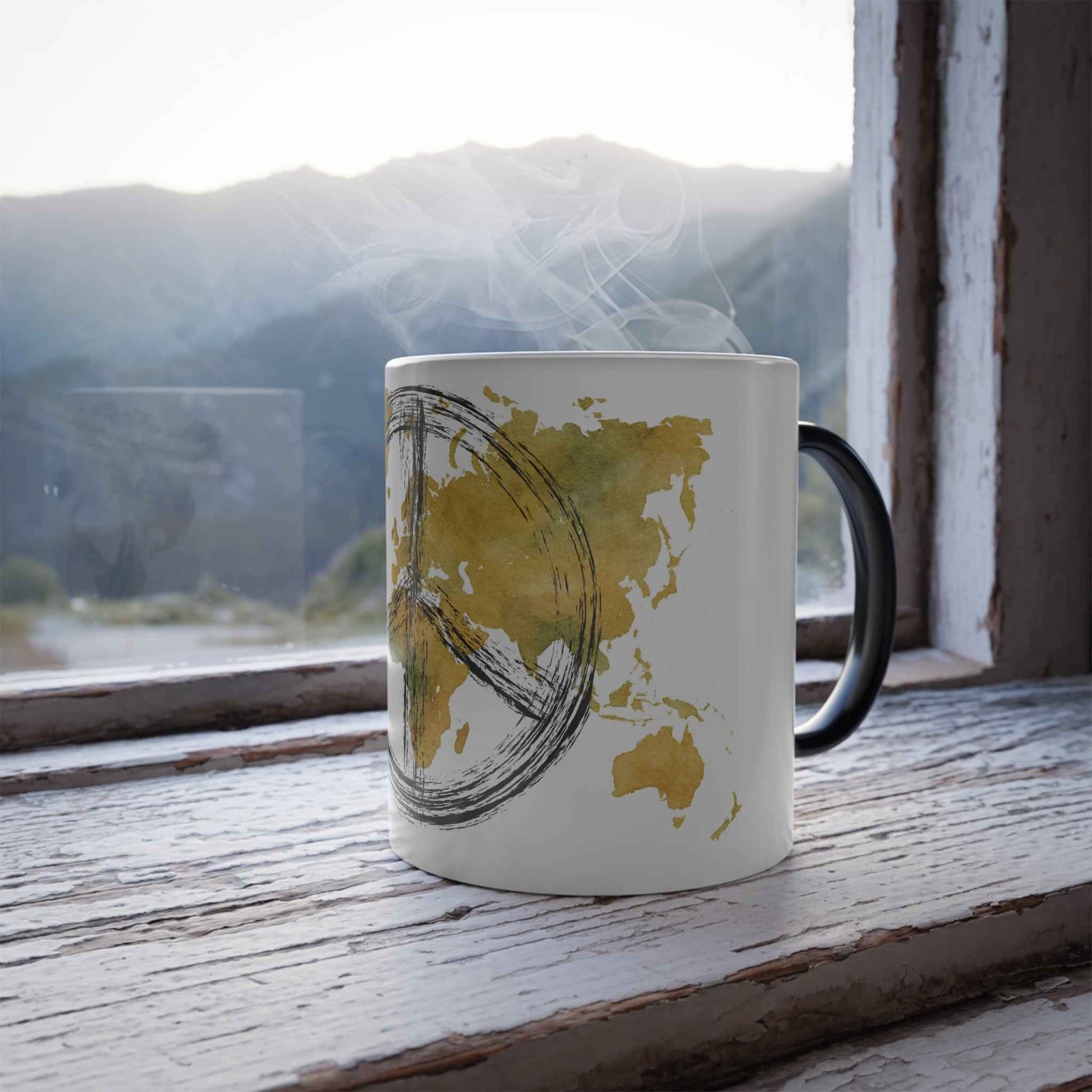 Peaceful World Color-Changing Mug — Watercolor Peace Sign Globe, 11oz