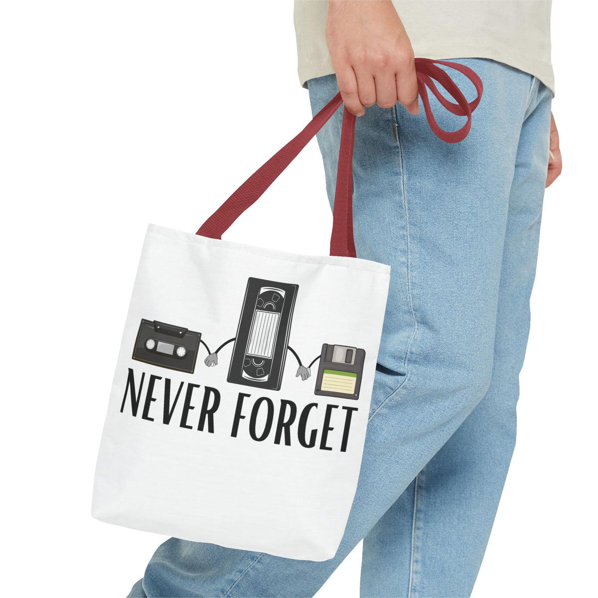 Retro Media 'Never Forget' Tote Bag — Vintage Cassette, VHS & Floppy Design