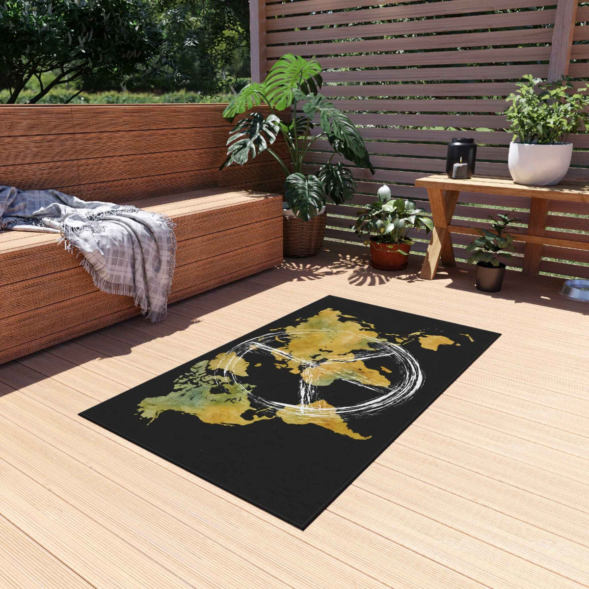 Peace World Map Outdoor Rug — Watercolor Earth & Peace Symbol Doormat