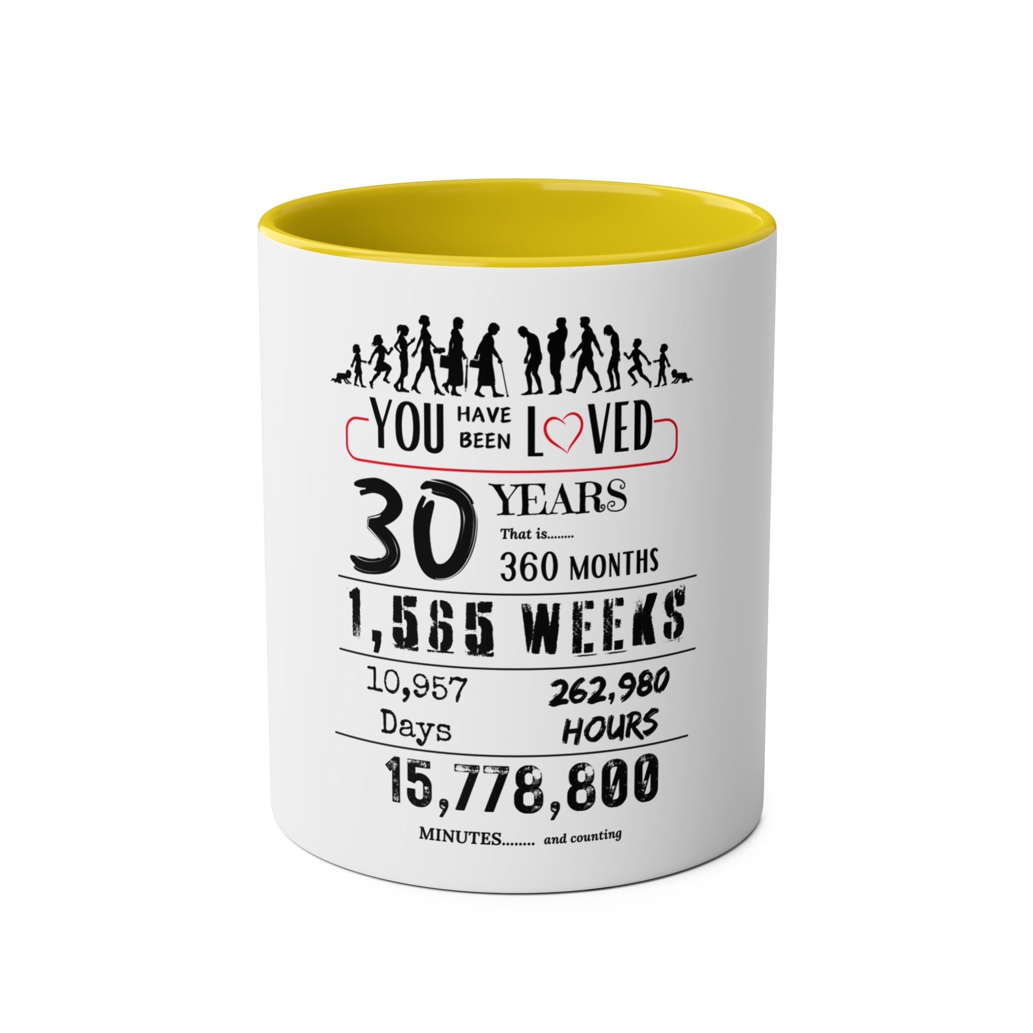 Happy 30th Birthday Gift, Mugs, 2 tone, Boys, Girls, Men, Women, Funny, Age, Facts, Years, Months, Weeks, Days, Hours, Minutes