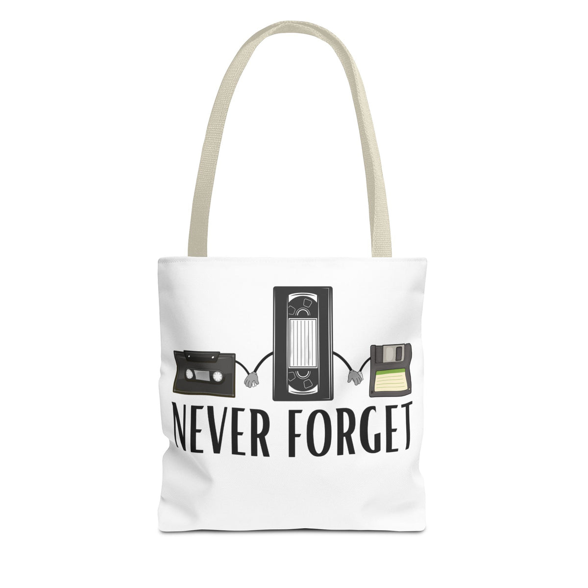 Retro Media 'Never Forget' Tote Bag — Vintage Cassette, VHS & Floppy Design