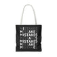 Mistakes Repeat Pattern Tote Bag — Black Typography Shopper