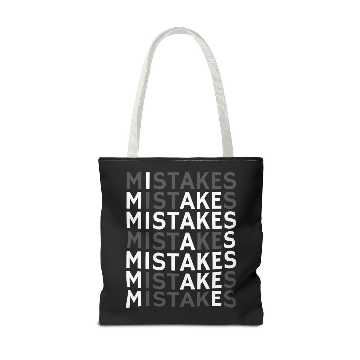 Mistakes Repeat Pattern Tote Bag — Black Typography Shopper