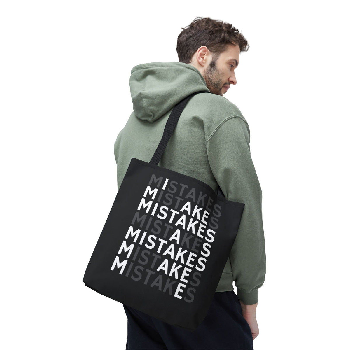 Mistakes Repeat Pattern Tote Bag — Black Typography Shopper