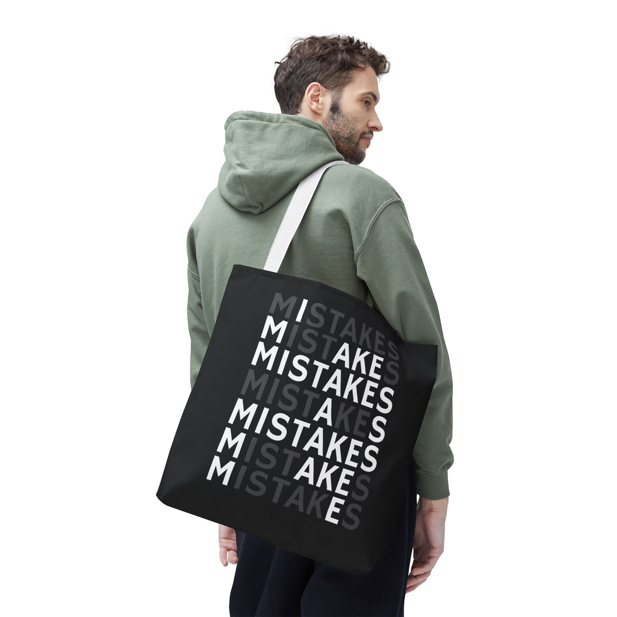 Mistakes Repeat Pattern Tote Bag — Black Typography Shopper