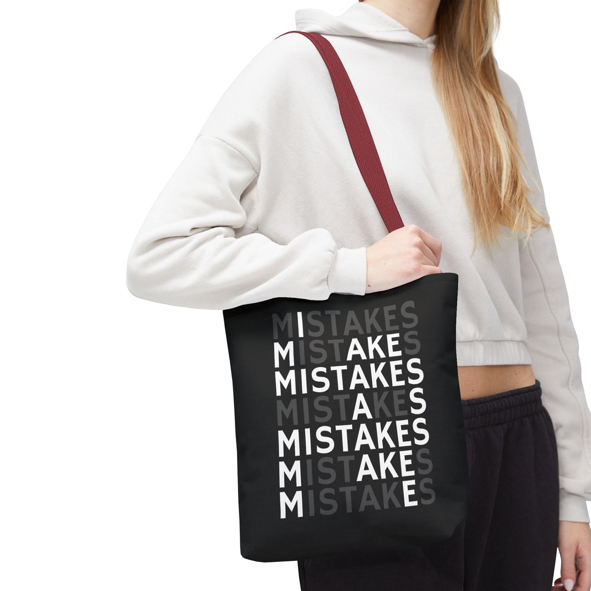 Mistakes Repeat Pattern Tote Bag — Black Typography Shopper
