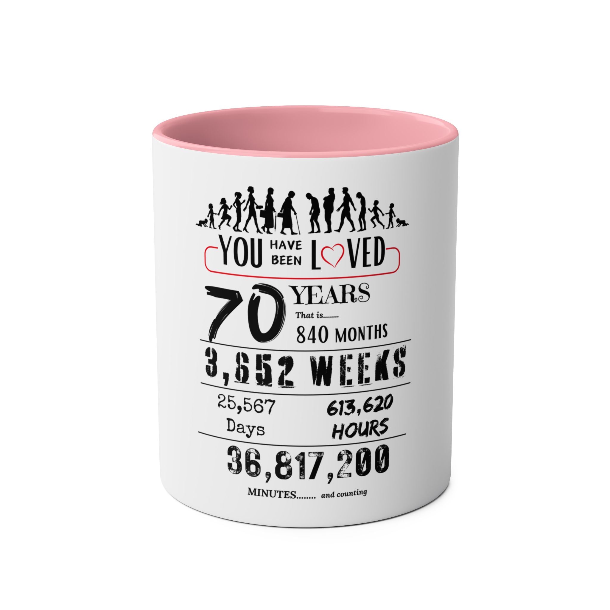 Happy 70th Birthday Gift, Mugs, 2 tone, Boys, Girls, Men, Women, Funny, Age, Facts, Years, Months, Weeks, Days, Hours, Minutes