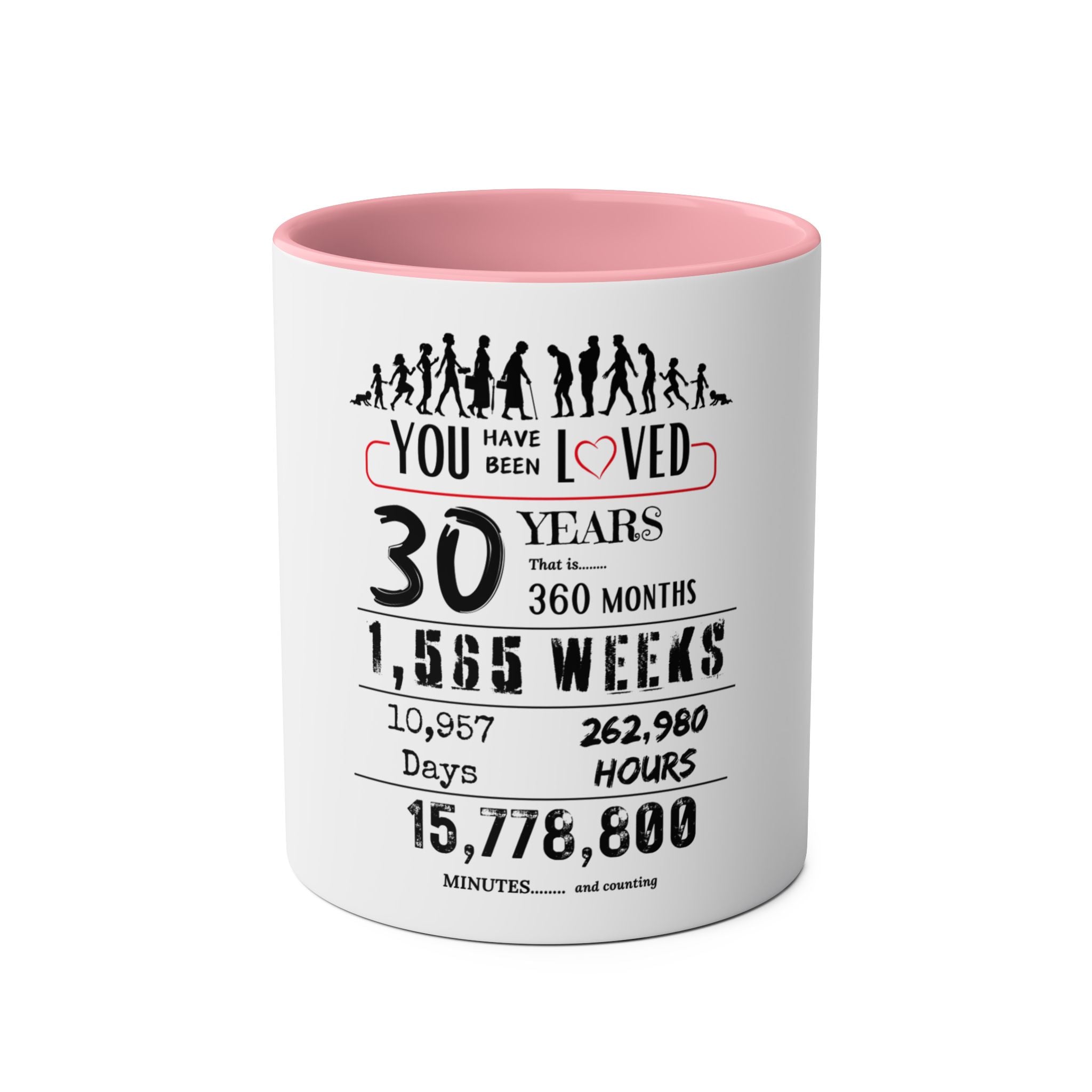 Happy 30th Birthday Gift, Mugs, 2 tone, Boys, Girls, Men, Women, Funny, Age, Facts, Years, Months, Weeks, Days, Hours, Minutes