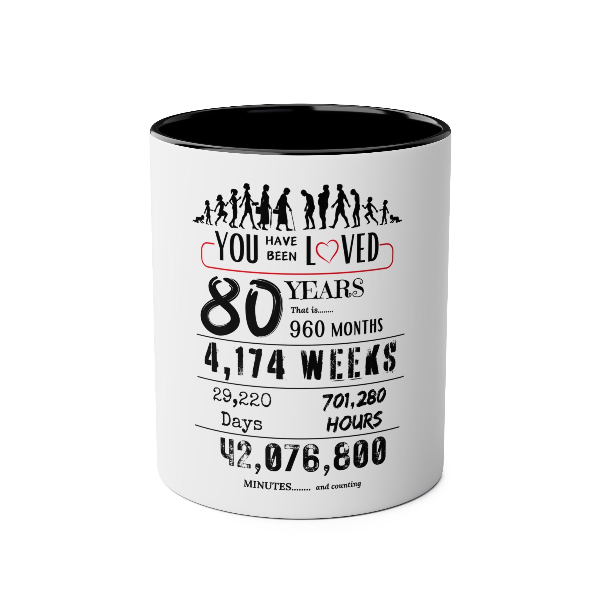 Happy 80th Birthday Gift, Mugs, 2 tone, Boys, Girls, Men, Women, Funny, Age, Facts, Years, Months, Weeks, Days, Hours, Minutes