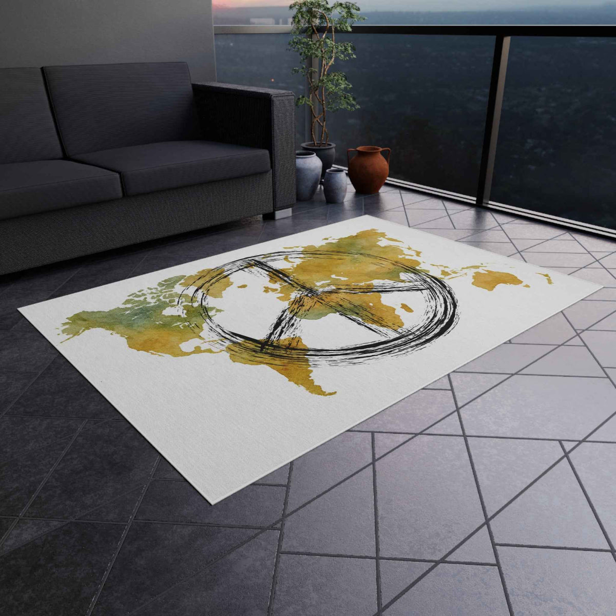 Peace World Map Outdoor Rug — Watercolor Earth & Peace Symbol Doormat