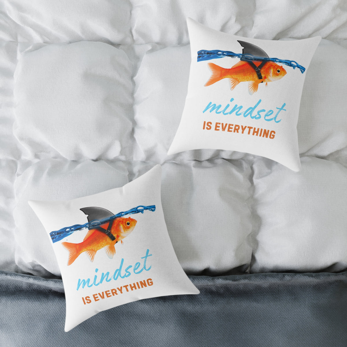 Mindset Is Everything Square Throw Pillow – Goldfish with Shark Fin Motivational Accent Pillow