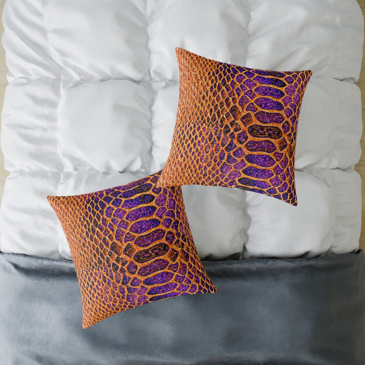 Snake Skin Pattern Square Pillow — Orange & Purple Decorative Throw Cushion