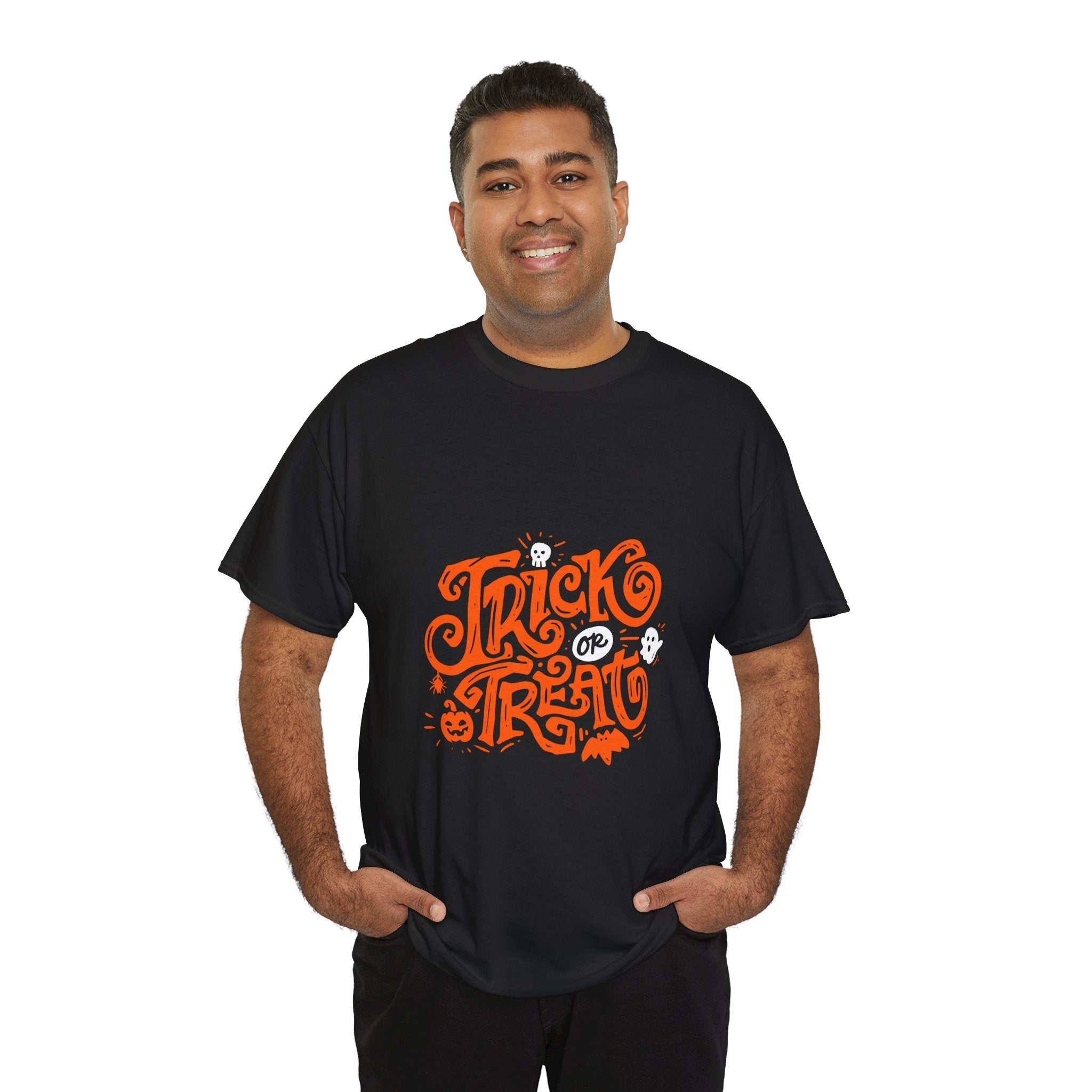 Trick or Treat Heavy Cotton Tee, Halloween Gift Shirt, Unisex Black T-Shirt, Spooky Costume Top, Fall Celebration Apparel