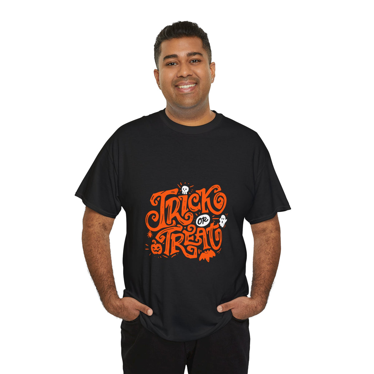Trick or Treat Heavy Cotton Tee, Halloween Gift Shirt, Unisex Black T-Shirt, Spooky Costume Top, Fall Celebration Apparel - Conscience Garment
