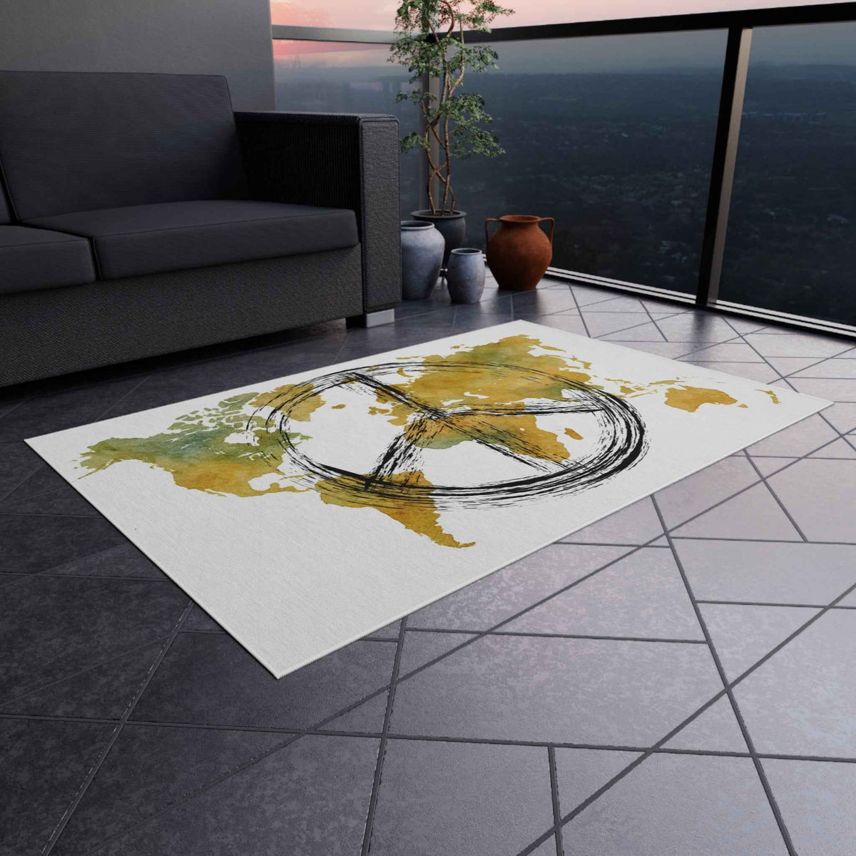 Peace World Map Outdoor Rug — Watercolor Earth & Peace Symbol Doormat