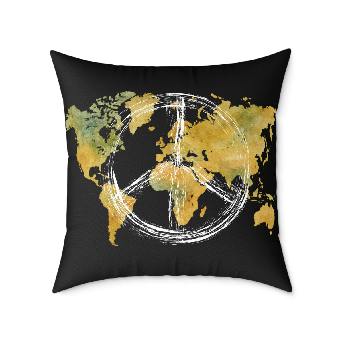 World Map Peace Sign Throw Pillow — Gold & Black Travel Decorative Pillow