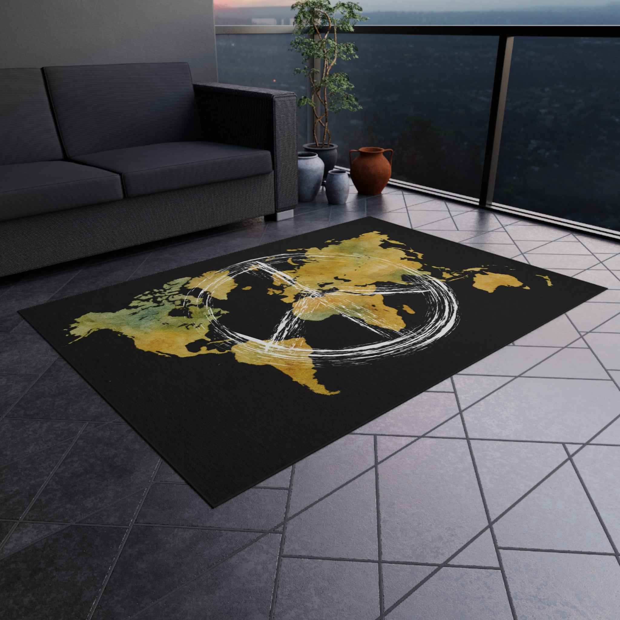 Peace World Map Outdoor Rug — Watercolor Earth & Peace Symbol Doormat