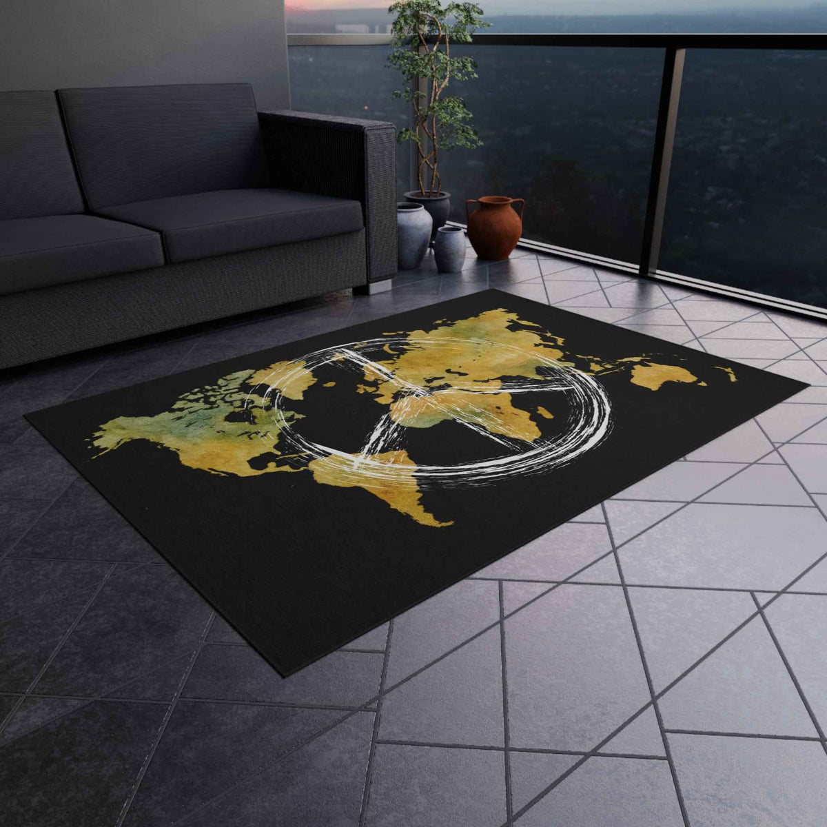 Peace World Map Outdoor Rug — Watercolor Earth & Peace Symbol Doormat