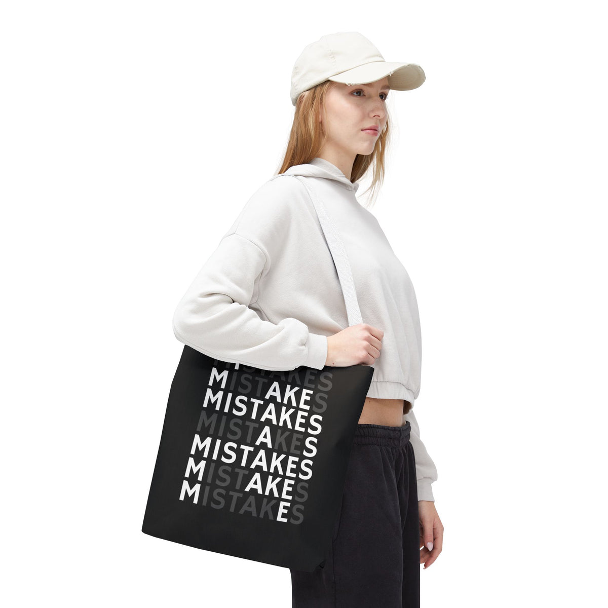 Mistakes Repeat Pattern Tote Bag — Black Typography Shopper